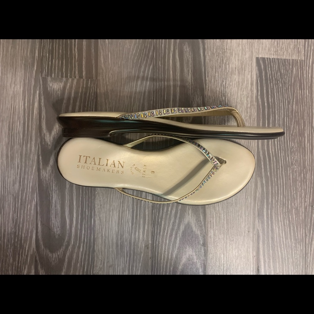 Champagne colored, jeweled women’s sandals size 9